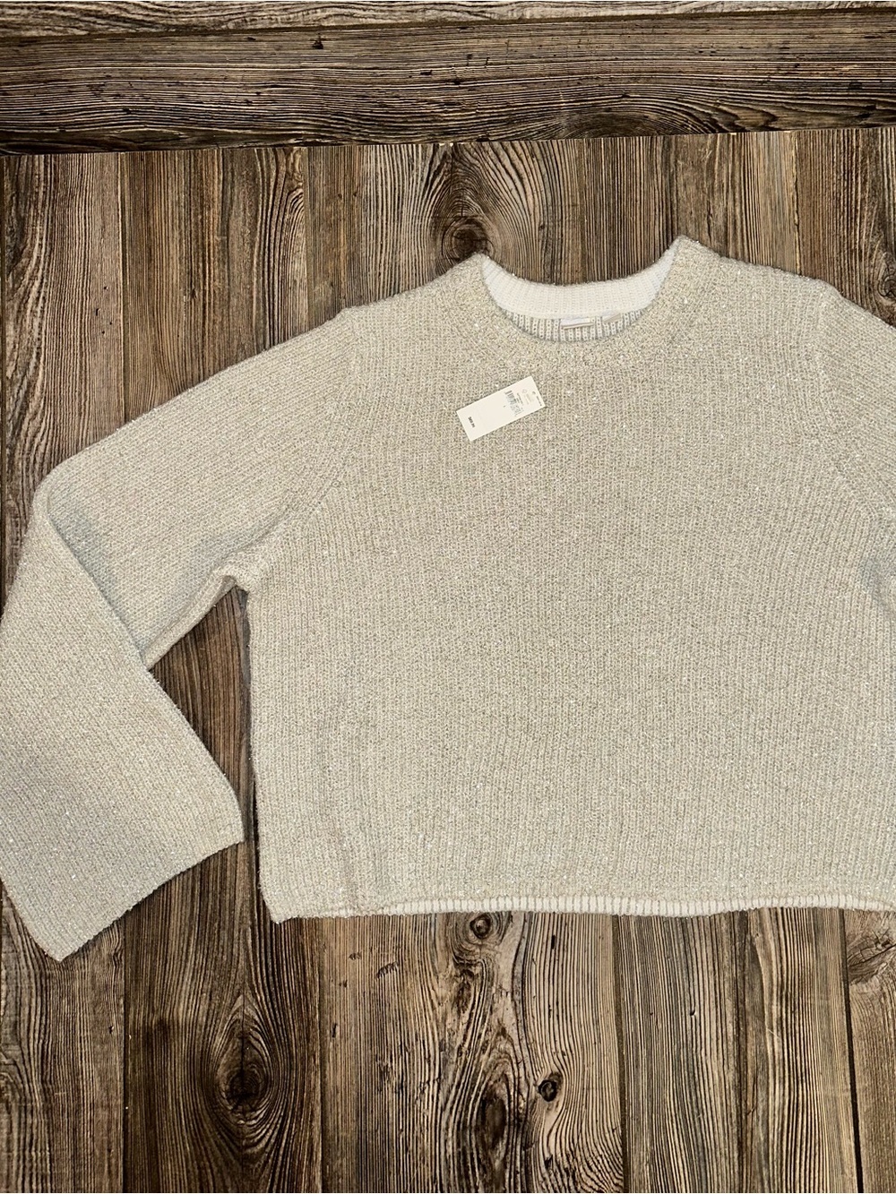 Gap Cropped Metallic Crewneck Sweater in Light Gray Silver Cozy Boho Large